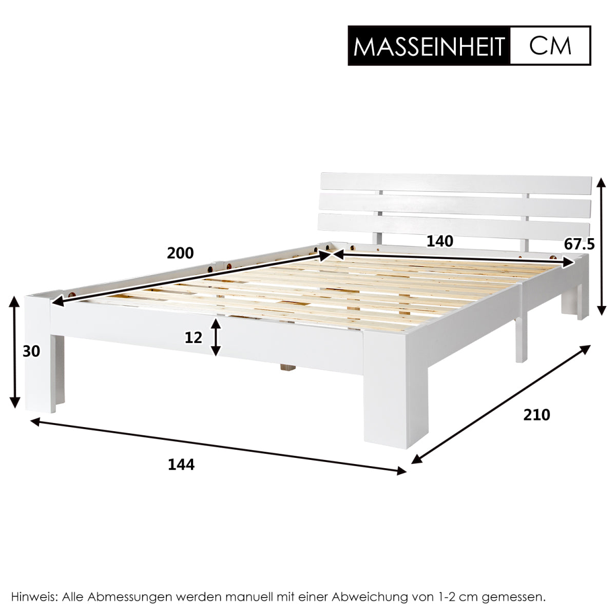 Bett 140x200 Holzbett Kiefer Massiv, Bettgestell mit Lattenrost, 150kg Tragkraft, Stauraum 18cm, White