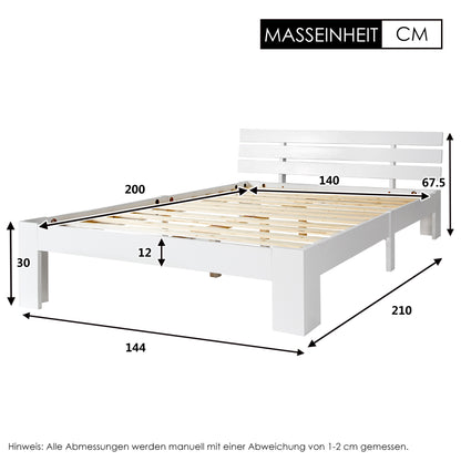 Bett 140x200 Holzbett Kiefer Massiv, Bettgestell mit Lattenrost, 150kg Tragkraft, Stauraum 18cm, White