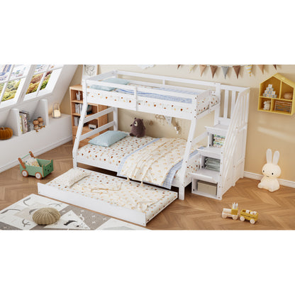 Etagenbett mit Rollbett, Kinderbett mit Leiterschrank und Handlauf, mit Fallschutzgitter an allen Seiten, Kiefer+MDF, Weiß, 90x190CM Rollbett, 90/120x200CM