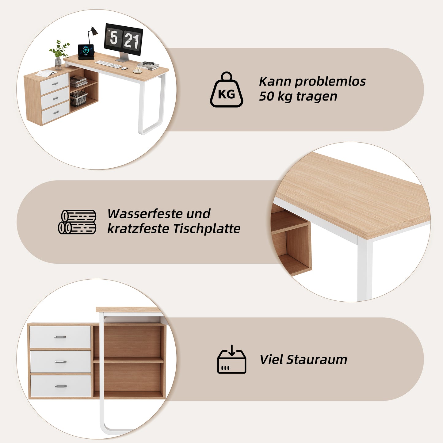 Schlichter Schreibtisch, Büro Schreibtisch, drei Schubladen, zwei offene Ablagefächer, stabile Tragfähigkeit, natur