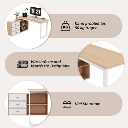 Schlichter Schreibtisch, Büro Schreibtisch, drei Schubladen, zwei offene Ablagefächer, stabile Tragfähigkeit, natur