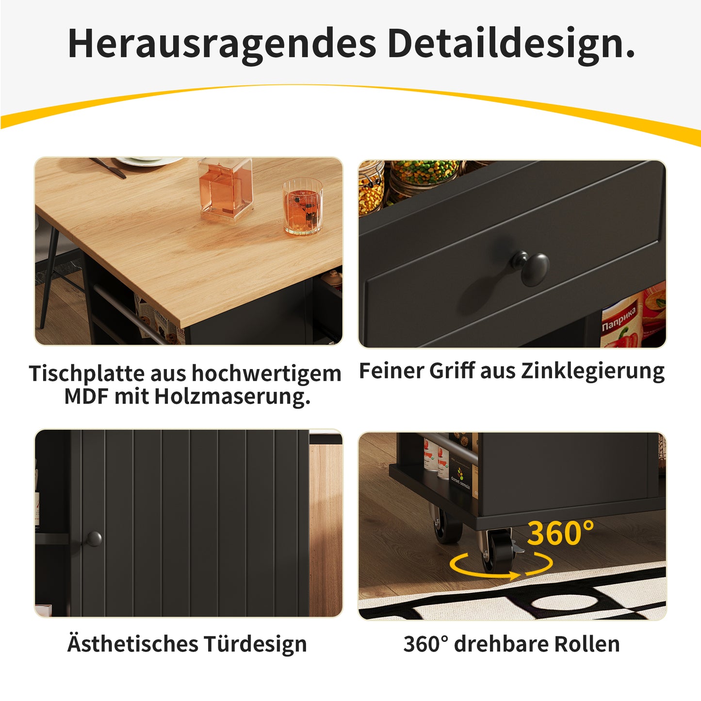 Kücheninsel mit Arbeitsplatte Küchenschrank Schwarz Esszimmerwagen mit Snackhalter und Weinglasregal Buffetschrank Trennwände Holzmaserung