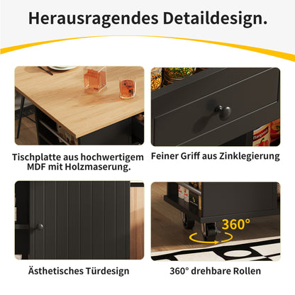 Kücheninsel mit Arbeitsplatte Küchenschrank Schwarz Esszimmerwagen mit Snackhalter und Weinglasregal Buffetschrank Trennwände Holzmaserung