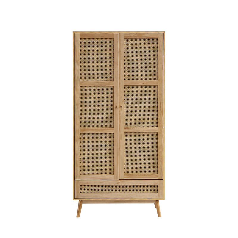 Kleiderschrank mit Stange, 2-türiger Kleiderschrank, Schlafzimmer, Rattannetz, Wohnzimmer, mit unterem Flip-Top-Deckel, Spanplatten+PE-Rattan, Natur