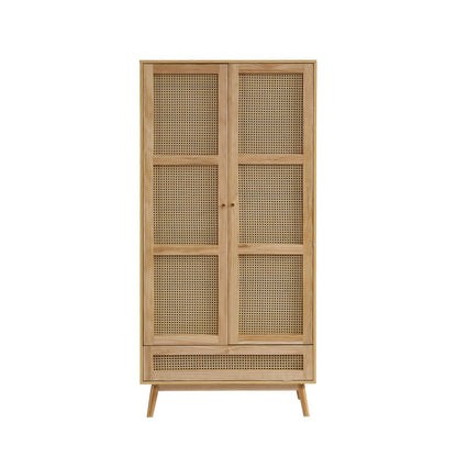Kleiderschrank mit Stange, 2-türiger Kleiderschrank, Schlafzimmer, Rattannetz, Wohnzimmer, mit unterem Flip-Top-Deckel, Spanplatten+PE-Rattan, Natur