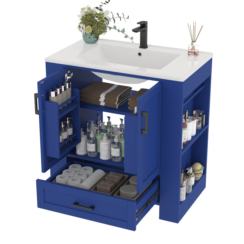 76 x 46 x 78.5cm Bodenstehender Badezimmerschrank, Waschtisch,komplett lackiert, Doppeltürregale, geräuschlose Schubladen, Regale auf beiden Seiten, integriertes Keramikwaschbecken, blau
