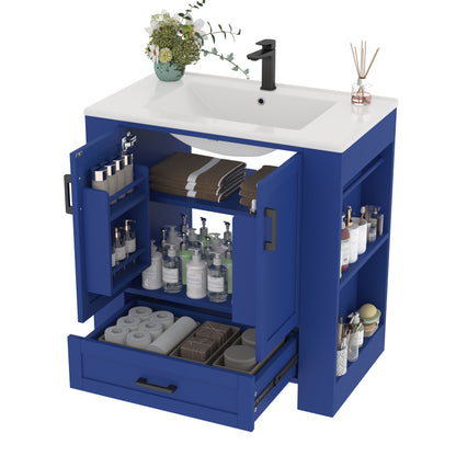 76 x 46 x 78.5cm Bodenstehender Badezimmerschrank, Waschtisch,komplett lackiert, Doppeltürregale, geräuschlose Schubladen, Regale auf beiden Seiten, integriertes Keramikwaschbecken, blau