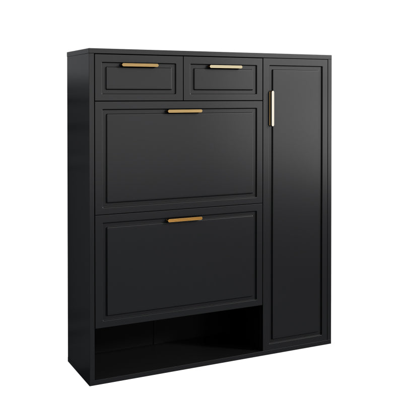 Moderne Schuhschrank, mit verstellbaren Regalen, goldenen Griffen, Schubladen, Klappschuhschrank und Türen,  Schwarz, B95/D24/H107