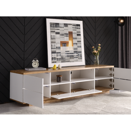 Moderner Farbblock-TV-Schrank in weißer Ausführung, TV-Schrank mit Holzmaserung, 180 cm