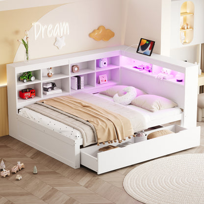 Massivholz-Doppelbett 140x200 Weiß mit LED & USB - Multifunktionales Sofa-Bett mit großen Schubladen, Ablagefächern & viel Stauraum, Weiß