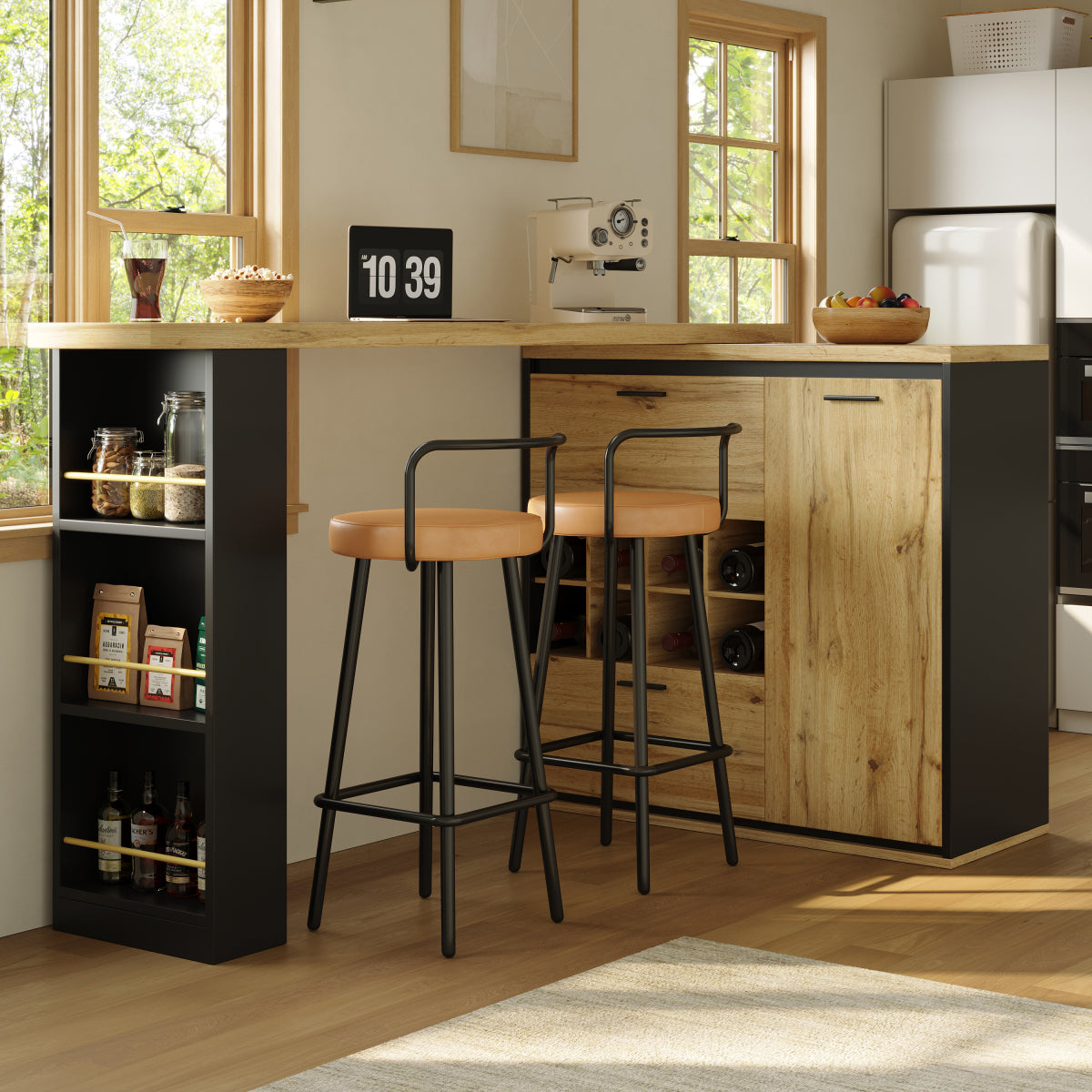 Ausziehbarer Bartisch 138-220cm Küchentisch mit Weinregal & 2 Schubladen, Stehtisch Natur Holzoptik, Multifunktionale Kücheninsel
