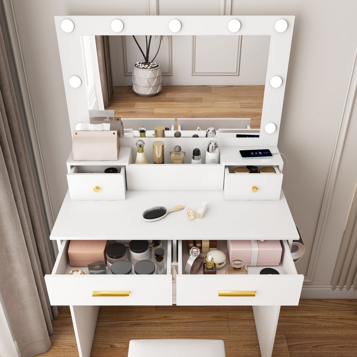 Schminktisch LED, 3 Stufen, Steckdose, 4 Schubladen, inkl. Hocker, Weiß