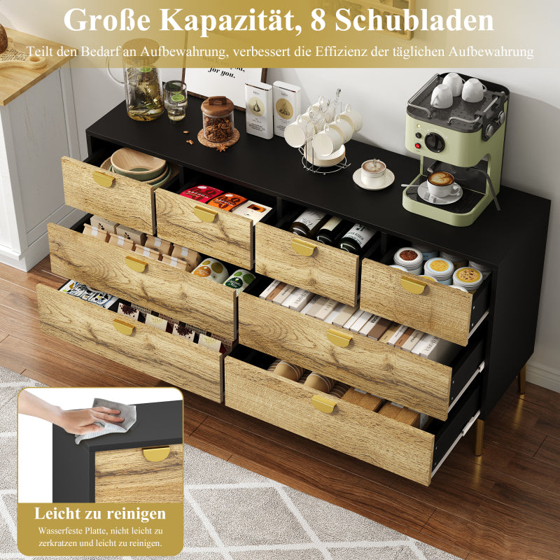 L150*W40*H78cm, Moderne Sideboard mit 8 Schubladen, Schwarz & Holzfarben, Minimalistisches Design, Goldene Metallgriff, Metallfüße, für Wohnzimmer und Esszimmer