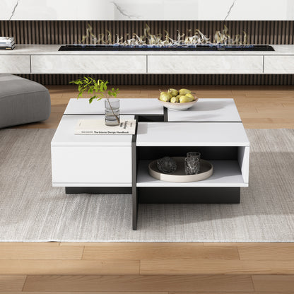 Moderner quadratischer Couchtisch 70x70x35cm – Schwarz-Weiß Design, 5 offene Fächer, mittleres Staufach 10x10cm, stabiler 30KG Tragkraft,Weißer quadratischer Couchtisch