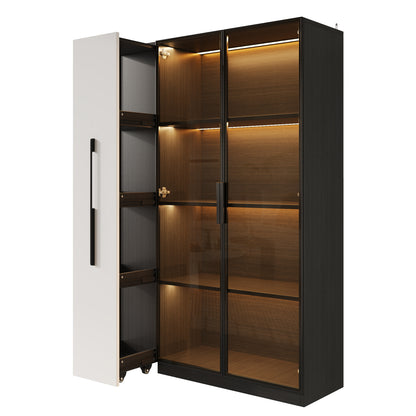 Multifunktionsschrank 110,5x35x160cm Vitrine mit LED-Beleuchtung, Seitenauszug & Glastür – Moderner Hochschrank in Schwarz-Weiß