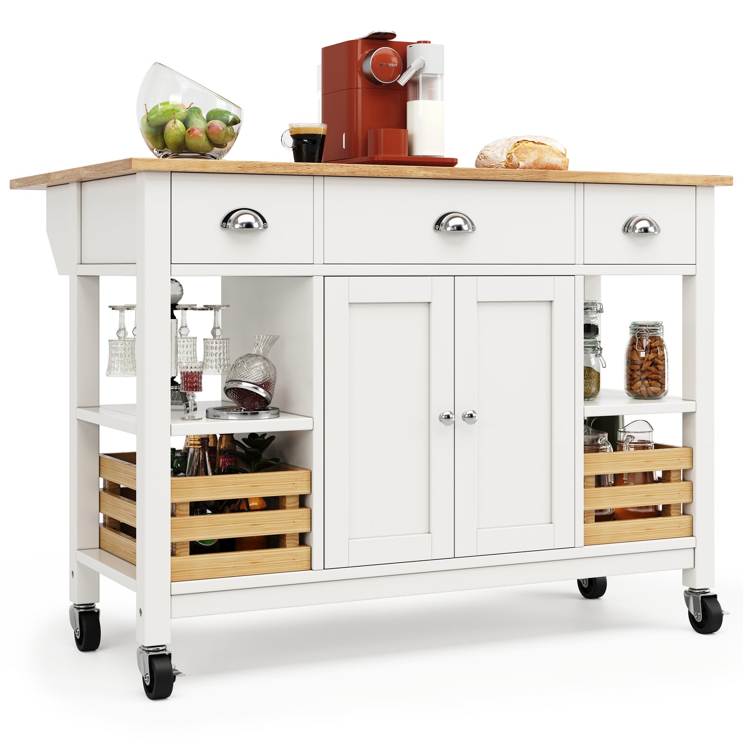 Moderne Kücheninsel Küchenschrank 120x45x90cm Esszimmerwagen mit Kiefernkorb Multifunktions Esstisch Holzmaserung Aufbewahrungskorb Weiß