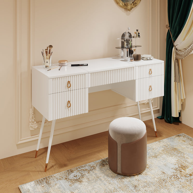 Weißer Schminktisch(Ohne Stühle), Enthält LED-Spiegel mit einstellbarer Helligkeit, luxuriösem vergoldetem Zubehör und mehreren Stauräumen, mit 4 Schubladen, Schreibtisch univer, Weiß