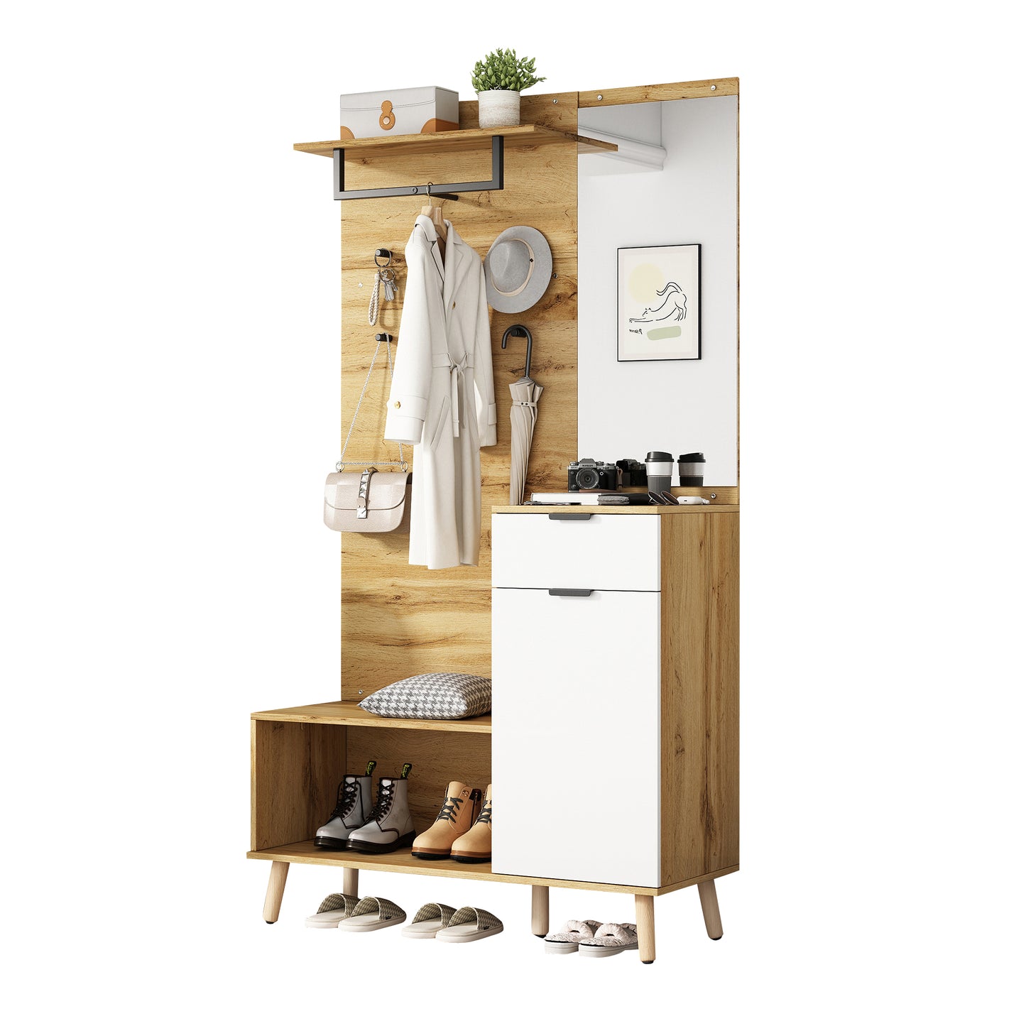 Multifunktionales Garderobenset aus Holz mit Spiegel, Schuhbank, Schuhschrank, Schublade, Regal und Kleiderhaken – Modernes Design mit hydraulischen Scharnieren und praktischem Stauraum