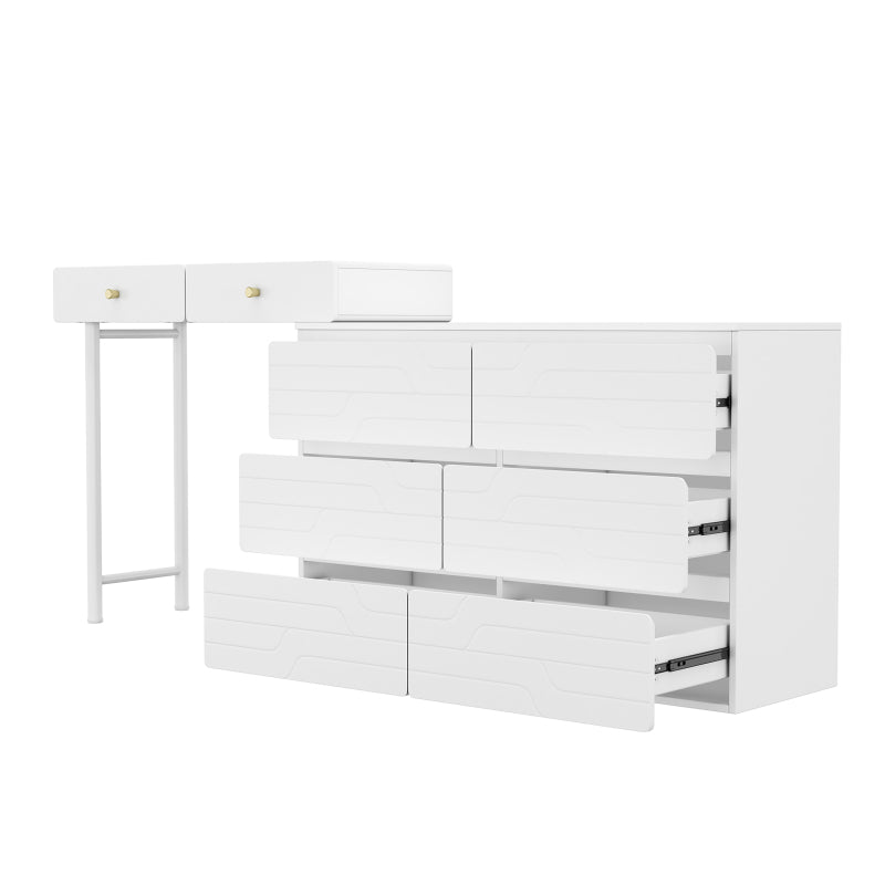 Schminktisch(ohne Stühle und Spiegel), Enthält ausziehbare Seitenschränke, Praktischer Aufbewahrungsschrank 180*40*85cm, Drei Ebenen, sechs Schubladen, Schminktisch, Weiß Kommode,Weiß