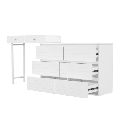 Schminktisch(ohne Stühle und Spiegel), Enthält ausziehbare Seitenschränke, Praktischer Aufbewahrungsschrank 180*40*85cm, Drei Ebenen, sechs Schubladen, Schminktisch, Weiß Kommode,Weiß