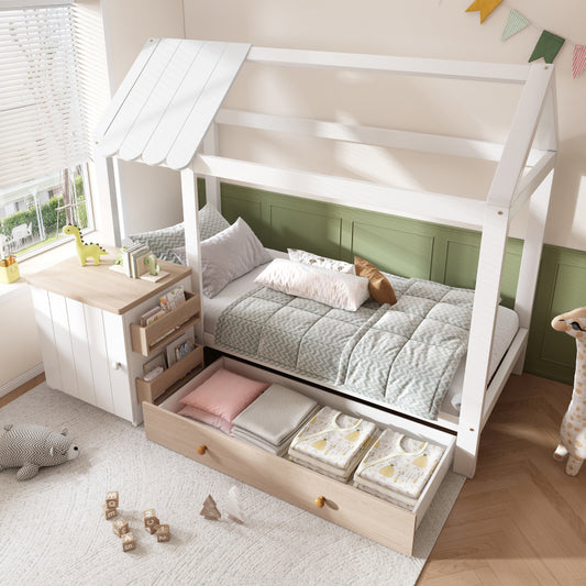 Hausbett Kinderbett 90x200 cm aus Massivholz mit Schubladen & abnehmbarem Nachttisch - Bodenbett in Weiß und Eichenweiß, ohne Matratze