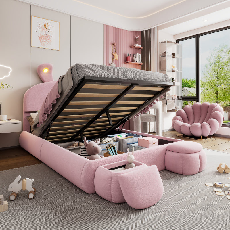 Polsterbett, Doppelbett, hydraulisches Bett, Hasenohren mit einstellbarer Helligkeit warmfarbenen Lichtstreifen, Stauraum unter dem Bett, zwei Aufbewahrungshockern, Samt, Rosa, 140x200cm