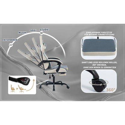 Gaming Stuhl Ergonomisch Gaming Chair Bürostuhl mit Fußstütze Racing Computerstuhl Höhenverstellbar Gepolstert Computerstuhl Lendenwirbelstütze Blaubeige
