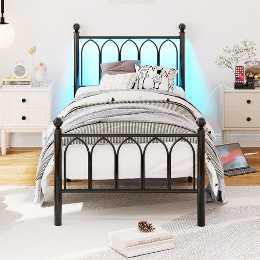 90x200cm Metall Bettrahmen mit Vintage Kopf und Fußplatte, USB-Ladestation, LED-Bettrahmen, Heavy Duty Stahl Slat Unterstützung, Reichweite Unterbett-Speicher, Keine Box-Feder erforderlich, Schwarz