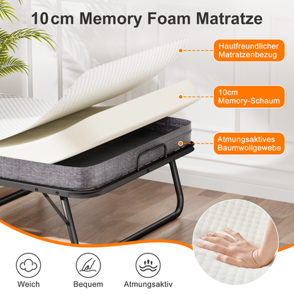 Klappbett 90x190cm mit 10cm Memory Foam Matratze – Faltbares Gästebett auf Rollen bis 150kg, inkl. Staubschutzhülle & Waschbarem Bezug