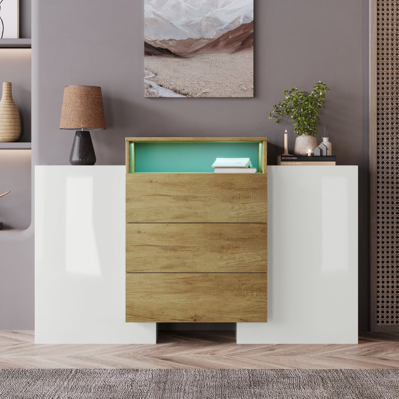 Sideboard, Moderner Kommode, Schrank 140cm, Hochglanz-Weiß und Holzfarbe, Mehrfarbige LED-Lichteffekte. Stilvolle Aufbewahrungslösung (Teilweise glänzende Oberfläche)