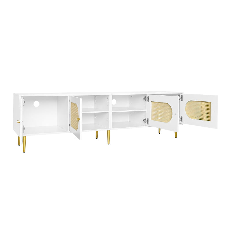 Weißer Rattan-TV-Schrank 180x40x50 cm - 4 Rattan-Türen, verstellbare Einlegeböden und Kabelmanagement für Fernseher bis 80 Zoll, TV-Schrank,Lowboards