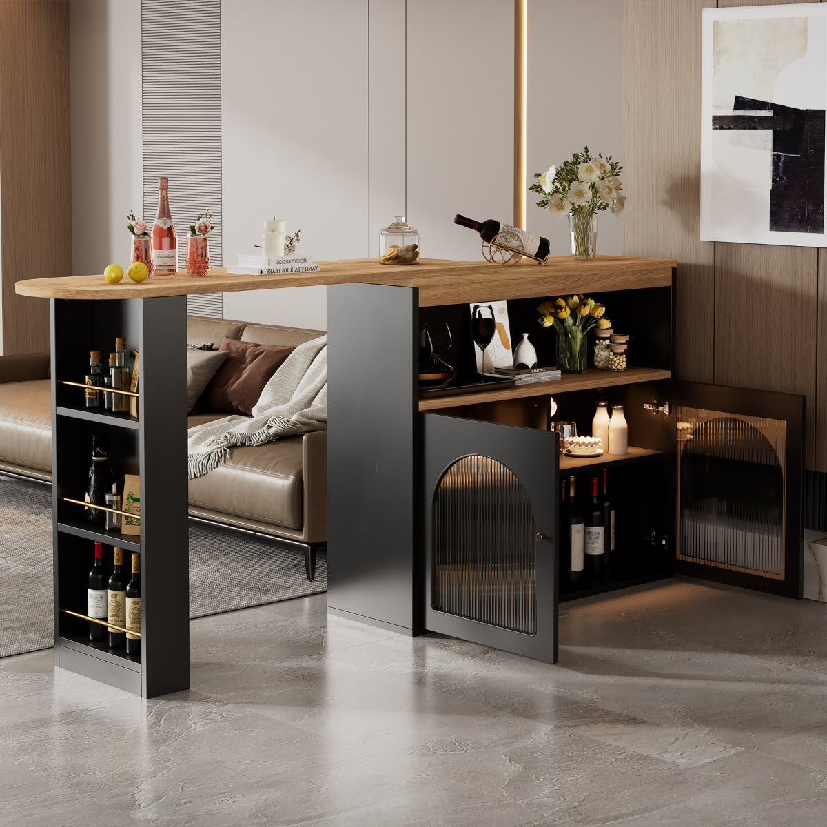 Bartisch ausziehbar 138-193cm, 360° drehbarer Stehtisch mit LED-Beleuchtung & Glasfront, Bistrotisch mit 3 Ablagen, Küchentisch, Schwarz
