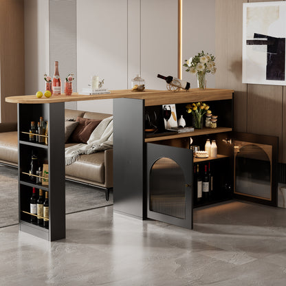 Bartisch ausziehbar 138-193cm, 360° drehbarer Stehtisch mit LED-Beleuchtung & Glasfront, Bistrotisch mit 3 Ablagen, Küchentisch, Schwarz