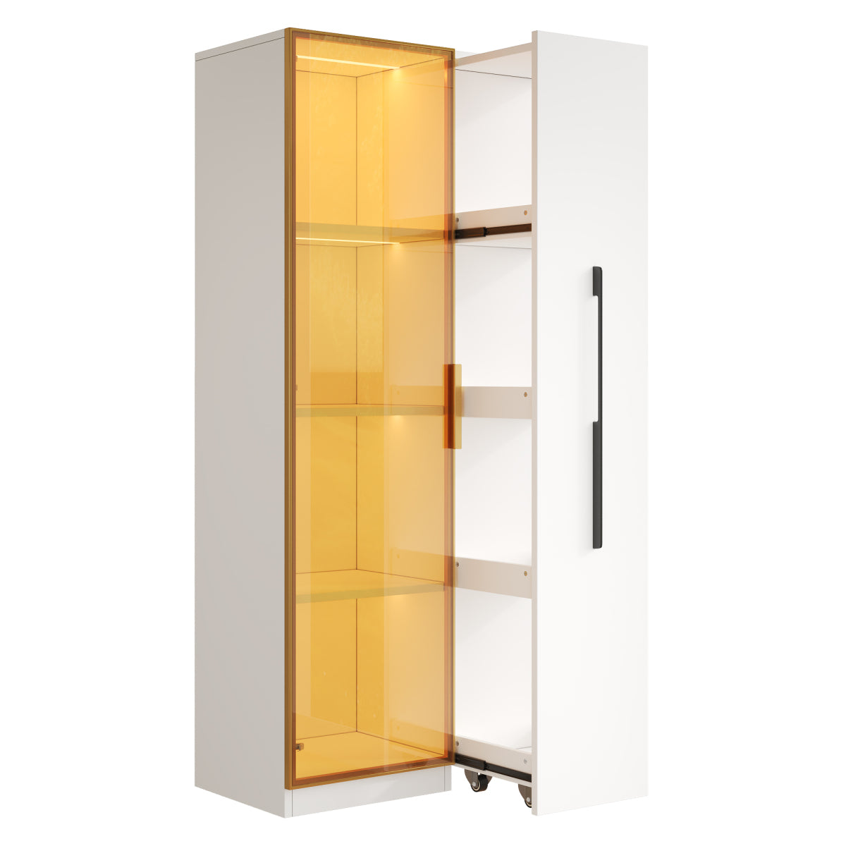 Vitrine 70x40x160cm mit LED-Beleuchtung & Seitenauszug - Weißer Glasschrank mit bernsteinfarbenem Glas, Gold-Akzenten & Rollen