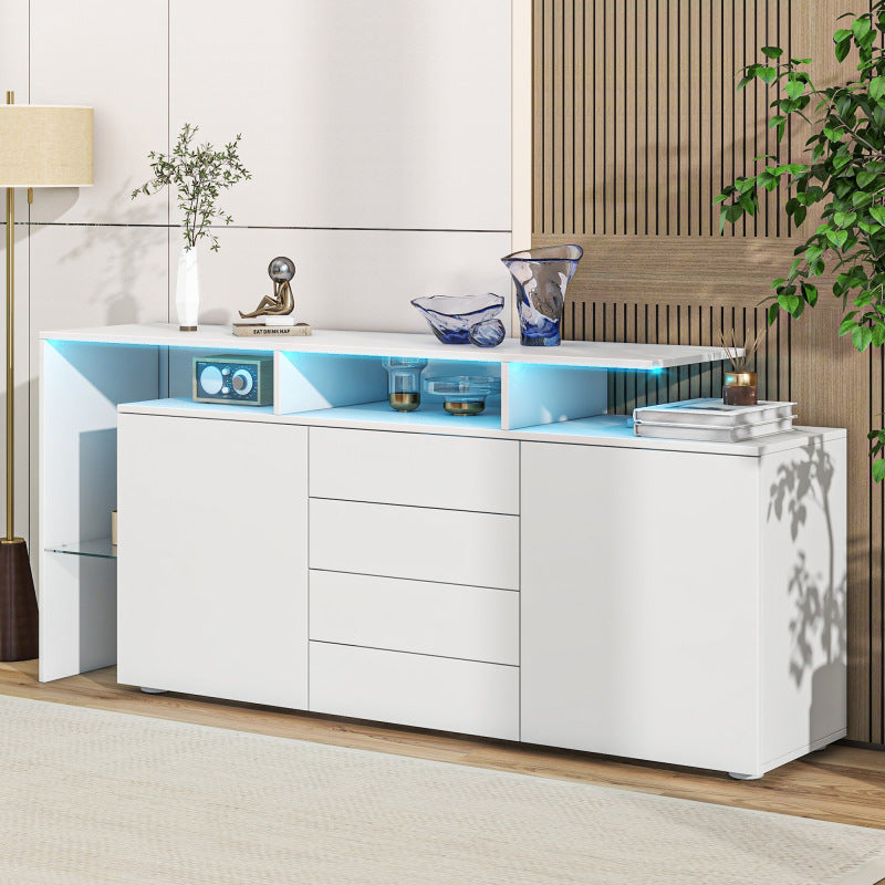 Kommode, Sideboard mit LED, Wohnzimmermöbel in Weiß Hochglanz, Wohnzimmerschrank, Standschrank, TV-Schrank, Wohnzimmerwand, Highboard, Mehrzweckschrank, LED-Vitrine, Buffetschrank Esszimmer