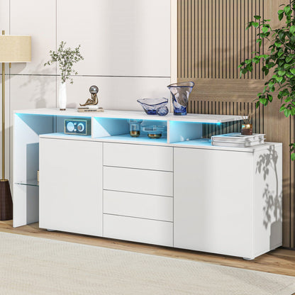 Kommode, Sideboard mit LED, Wohnzimmermöbel in Weiß Hochglanz, Wohnzimmerschrank, Standschrank, TV-Schrank, Wohnzimmerwand, Highboard, Mehrzweckschrank, LED-Vitrine, Buffetschrank Esszimmer