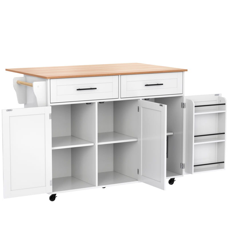 129x46(71)x91,5 cm großer Speisewagen/Sideboard, Arbeitsplatte mit Massivholzmaserung + Weiß Schrank/faltbare Arbeitsplatte/Aufbewahrungstür-Design/Räder/Massivholzfüße umschaltbar/für Zuhause geeig