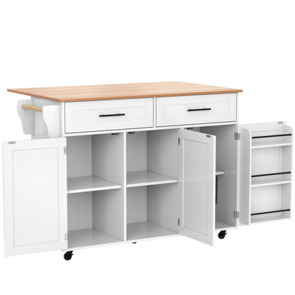 129x46(71)x91,5 cm großer Speisewagen/Sideboard, Arbeitsplatte mit Massivholzmaserung + Weiß Schrank/faltbare Arbeitsplatte/Aufbewahrungstür-Design/Räder/Massivholzfüße umschaltbar/für Zuhause geeig