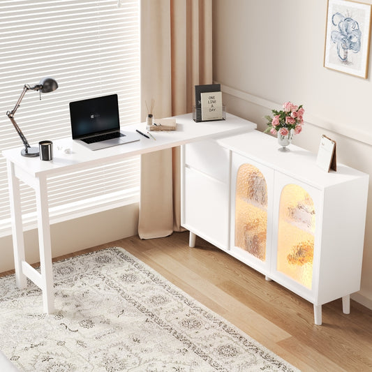 Schreibtisch mit LED - 2-in-1 Sideboard und Arbeitsplatte, 360° drehbar, mit Acryltür, FSC-zertifiziert, weiß, 120×40×78 cm