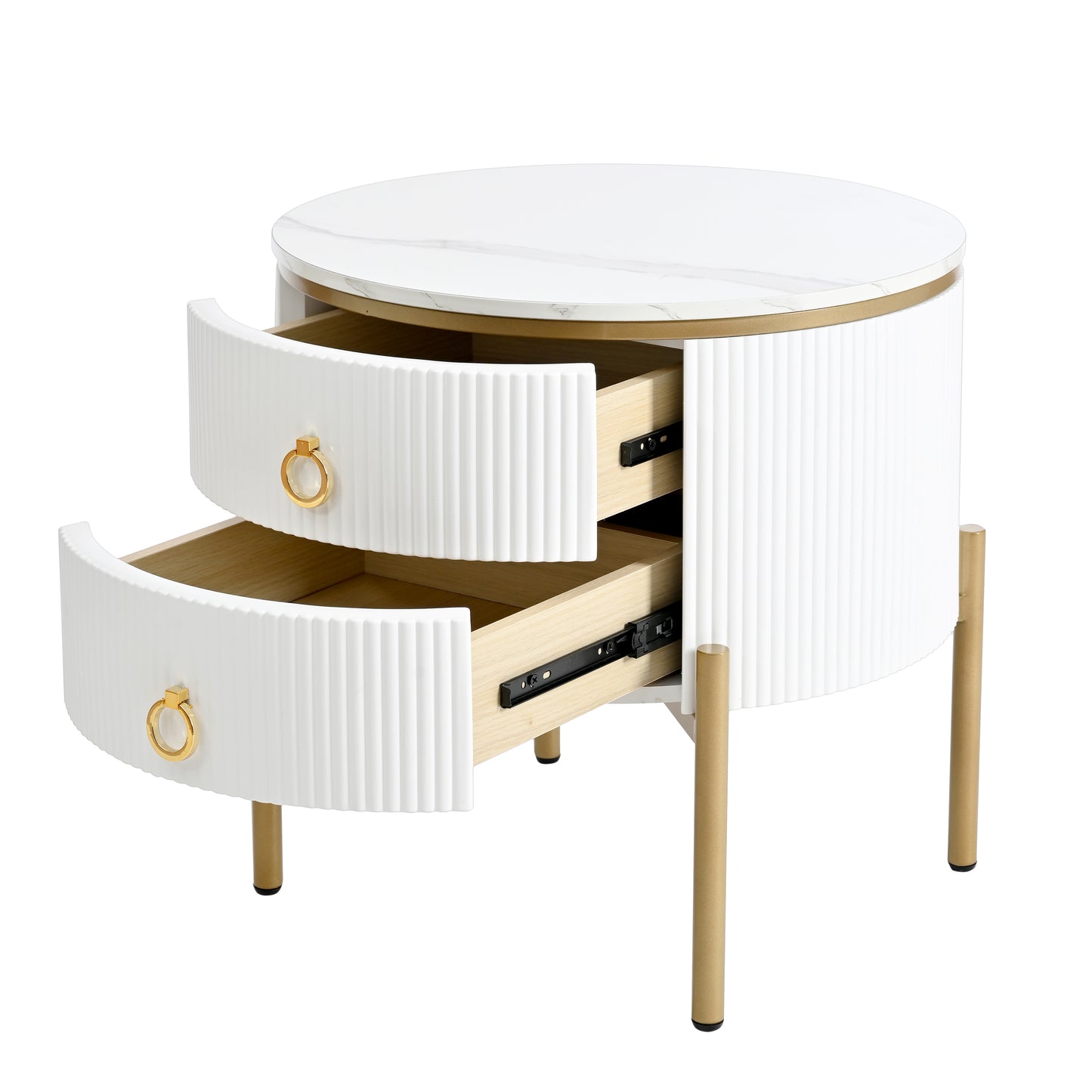 Beistelltisch, Couchtisch mit Schubladen, Marmorstruktur, goldenen Beinen und Griffen