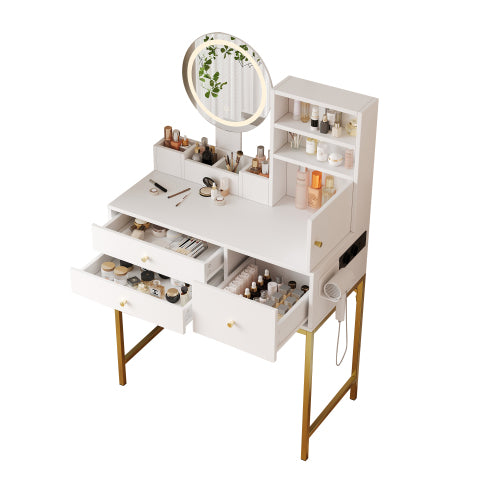 Schminktisch Weiß 80 cm, Frisiertisch mit LED Spiegel, Integrierte Steckdose mit USB & Föhnhalter