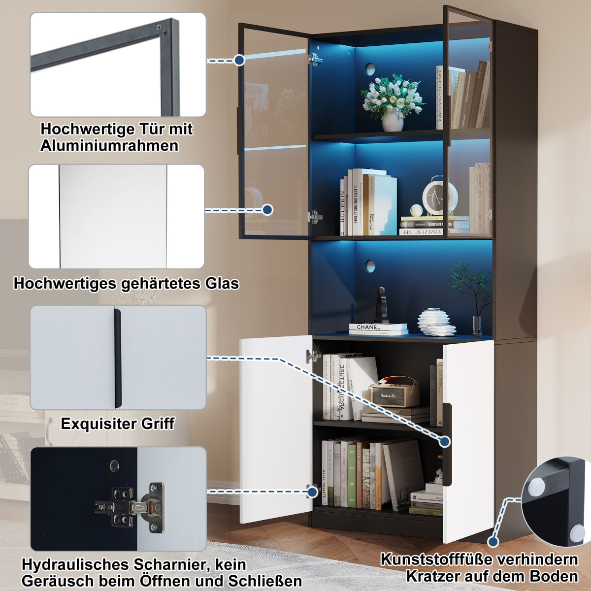 Moderne Vitrine 80x30x200cm Weiß/Schwarz - Glasschrank mit LED, Einstellbare Helligkeit & Farbtemperatur, Sammler-Bücherregal mit Glastüren
