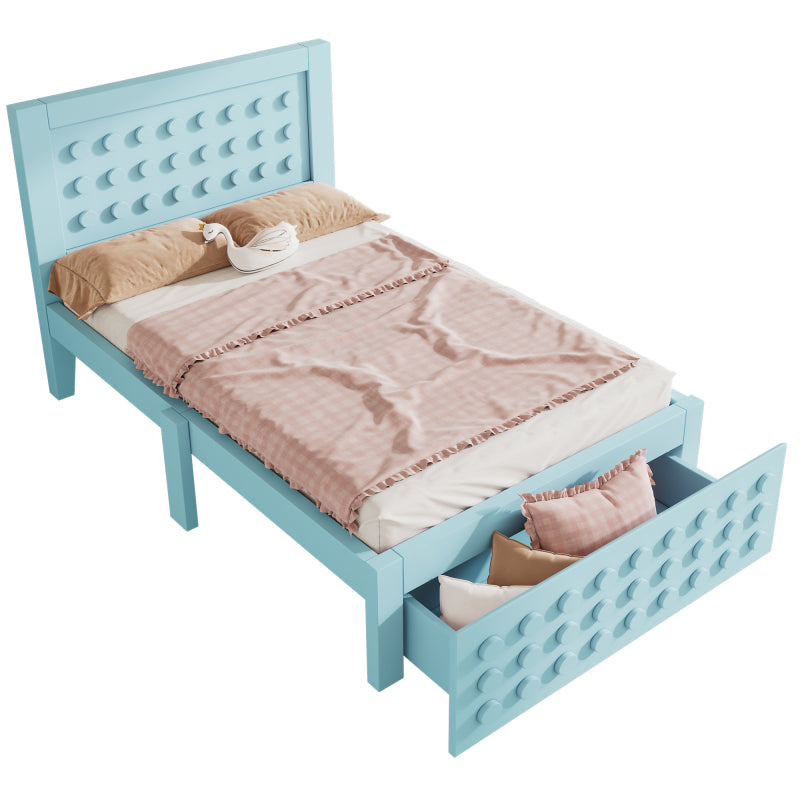Holzbett Einzelbett 90x200 cm, Kinderbett Jugendbett mit Kreativem Block Design, Massivholz Bettgestell mit Lattenrost, mit Schubladen & Unterm Bett Stauraum, Ohne Matratze