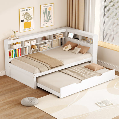 Multifunktions-Schlafsofa 90x200 & 90x190 Ausziehbar - Massivholz Weiß mit USB-Anschluss, Stauraum & Ablagefächern - Praktisches Einzelbett, Weiß