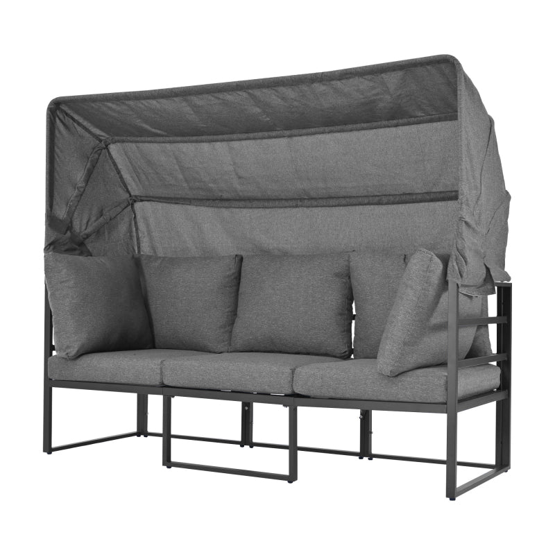 Garten Loungesessel Set, Iron Sunny Island Sitzgruppe Hocker und Tisch mit Markise 4er Set Balkon und Garten Loungemöbel Terrassenmöbel Wetterfest Grau Inkl. aller Kissen(previous sku:HW24006AAA)