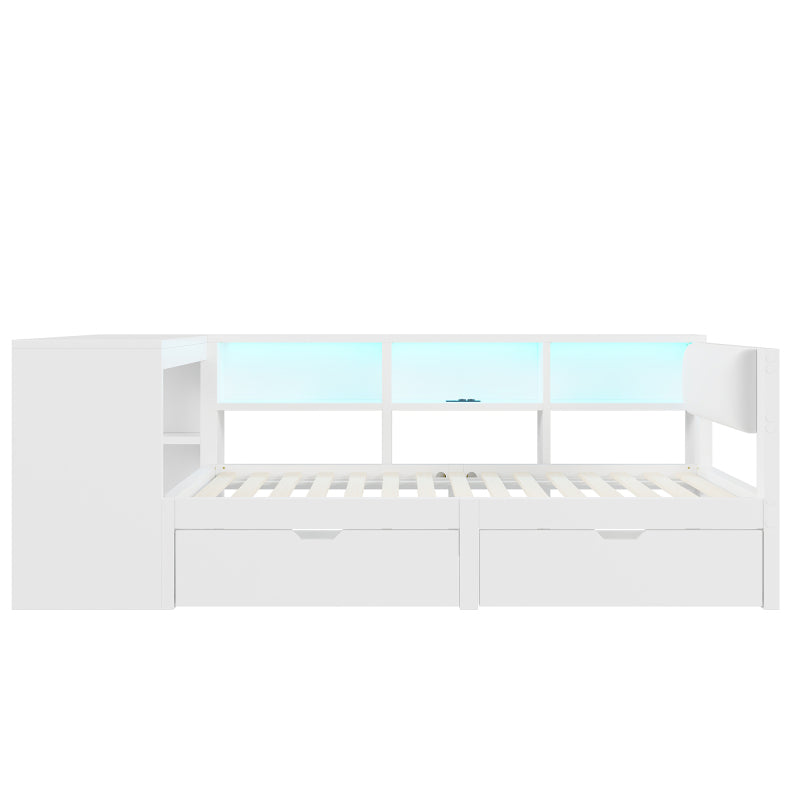 90x200 Holz-Plattformbett mit Ablageflächen, Schubladen, Ladestation und gepolstertem Kopfteil, Mit bunten LED-Leuchten, Weiß