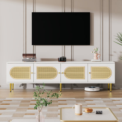 Weißer Rattan-TV-Schrank 180x40x50 cm - 4 Rattan-Türen, verstellbare Einlegeböden und Kabelmanagement für Fernseher bis 80 Zoll, TV-Schrank,Lowboards