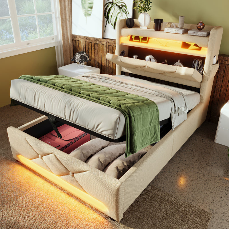 Polsterbett Einzelbett 90*200, Stauraum Kopfteil mit USB und Typ C-Port ,360-Surround-LED-Funktion rund um Kopf- und Fußende des, Betten mit Hydraulisch Stauraum, Beige , Leinen(Ohne Matratze)