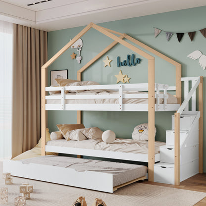 Etagenbett, Ausziehbares Baumhausbett, Schiebebett, Treppe mit 3 Schubladen, Kinderbett mit Absturzsicherung und Kinderbettgitter, mit Lattenroste, Natur+Weiß (90x200cm&90x190cm) [30813567NAA]