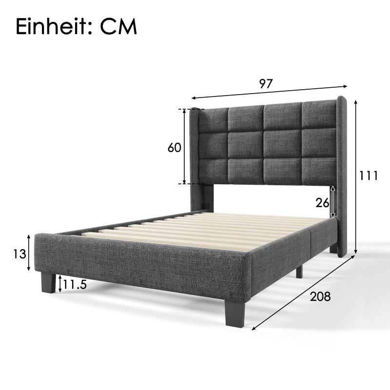 Polsterbett Mit seinem gepolstertes Kopfteil Einzelbett mit Lattenrost, 90x200cm ,in Grau Leinen,  mittelfest (Mit Federkernmatratze)